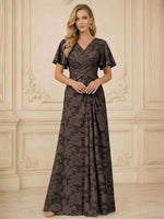 A Line V Neck Short Sleeve Floral Chiffon Ruched Mother of the Bride Dresses