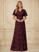 A Line V Neck Short Sleeve Floral Chiffon Ruched Mother of the Bride Dresses