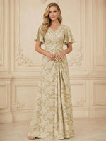 A Line V Neck Short Sleeve Floral Chiffon Ruched Mother of the Bride Dresses