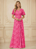 A Line V Neck Short Sleeve Floral Chiffon Ruched Mother of the Bride Dresses