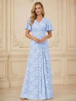 A Line V Neck Short Sleeve Floral Chiffon Ruched Mother of the Bride Dresses
