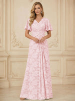 A Line V Neck Short Sleeve Floral Chiffon Ruched Mother of the Bride Dresses