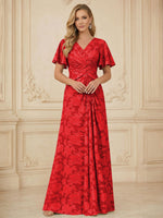 A Line V Neck Short Sleeve Floral Chiffon Ruched Mother of the Bride Dresses