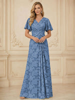 A Line V Neck Short Sleeve Floral Chiffon Ruched Mother of the Bride Dresses