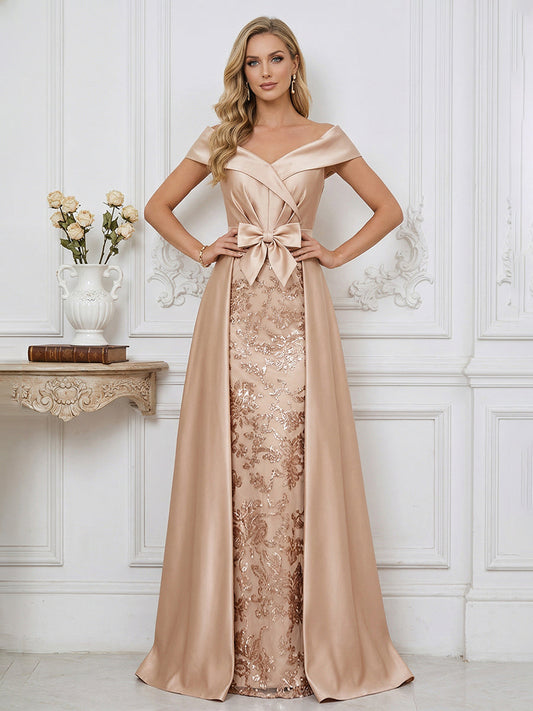 A Line Off Shoulder Ruched Elegant Mother of the Bride Dresses with Bow Appliques