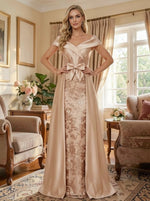 A Line Off Shoulder Ruched Elegant Mother of the Bride Dresses with Bow Appliques