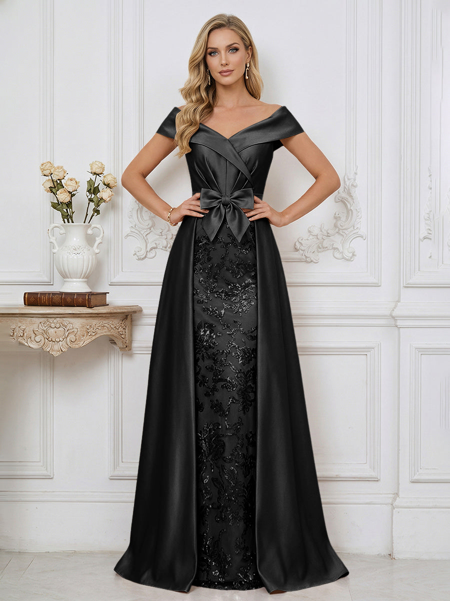 A Line Off Shoulder Ruched Elegant Mother of the Bride Dresses with Bow Appliques