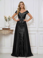 A Line Off Shoulder Ruched Elegant Mother of the Bride Dresses with Bow Appliques