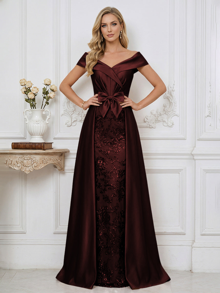 A Line Off Shoulder Ruched Elegant Mother of the Bride Dresses with Bow Appliques