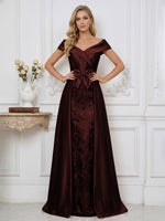A Line Off Shoulder Ruched Elegant Mother of the Bride Dresses with Bow Appliques