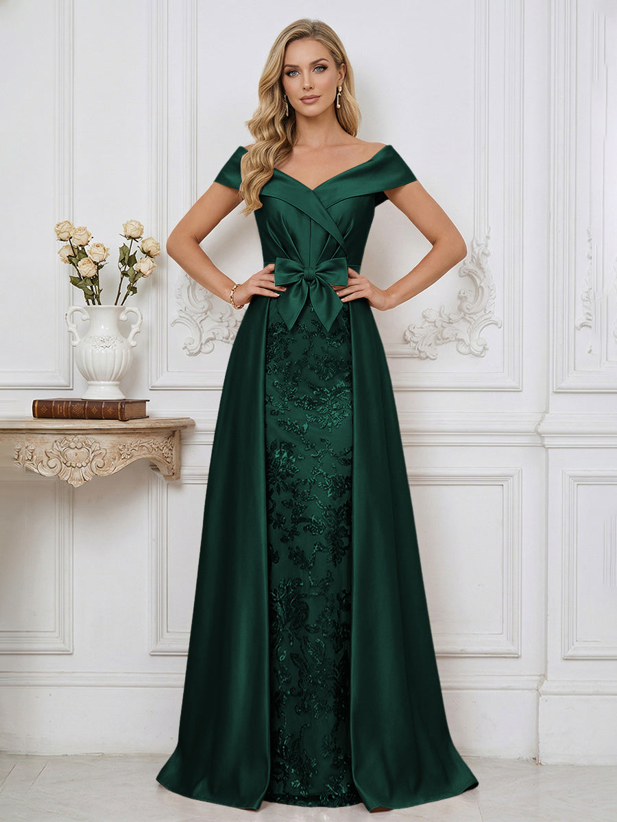 A Line Off Shoulder Ruched Elegant Mother of the Bride Dresses with Bow Appliques