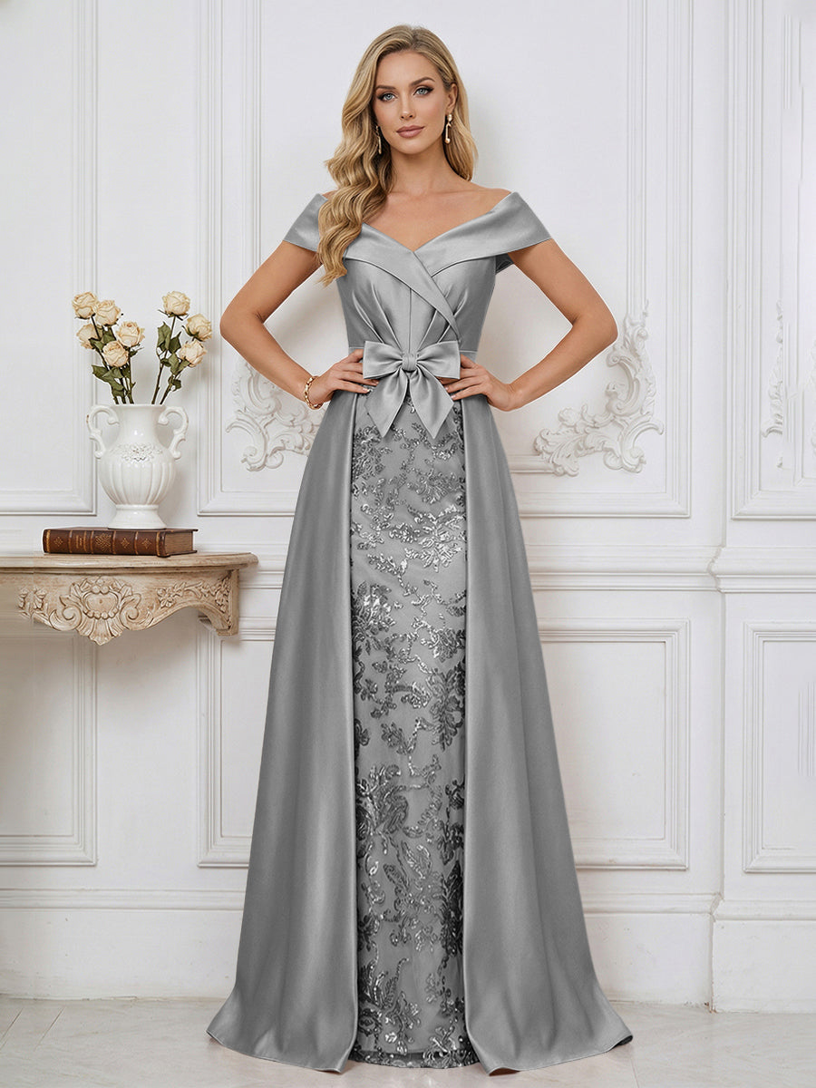 A Line Off Shoulder Ruched Elegant Mother of the Bride Dresses with Bow Appliques