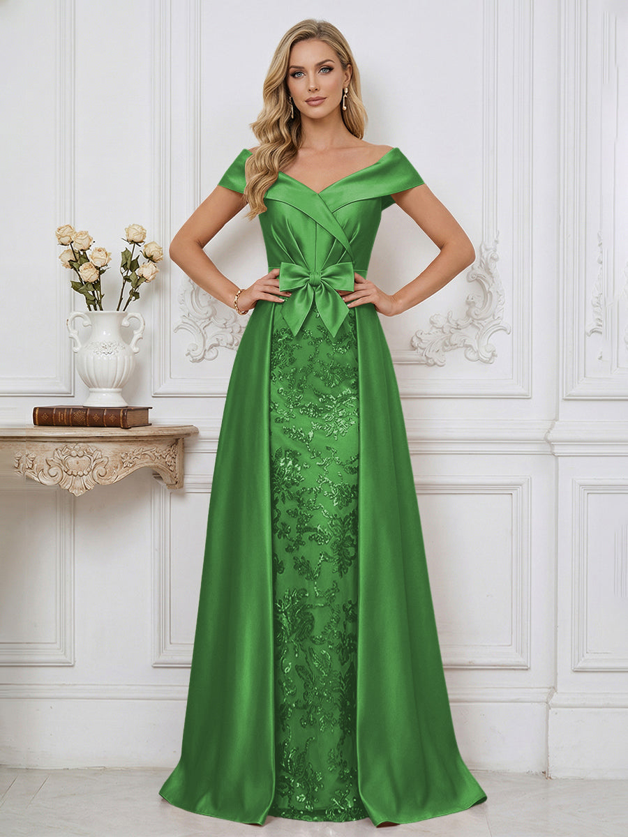 A Line Off Shoulder Ruched Elegant Mother of the Bride Dresses with Bow Appliques