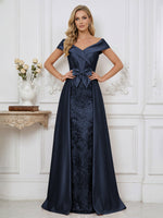 A Line Off Shoulder Ruched Elegant Mother of the Bride Dresses with Bow Appliques