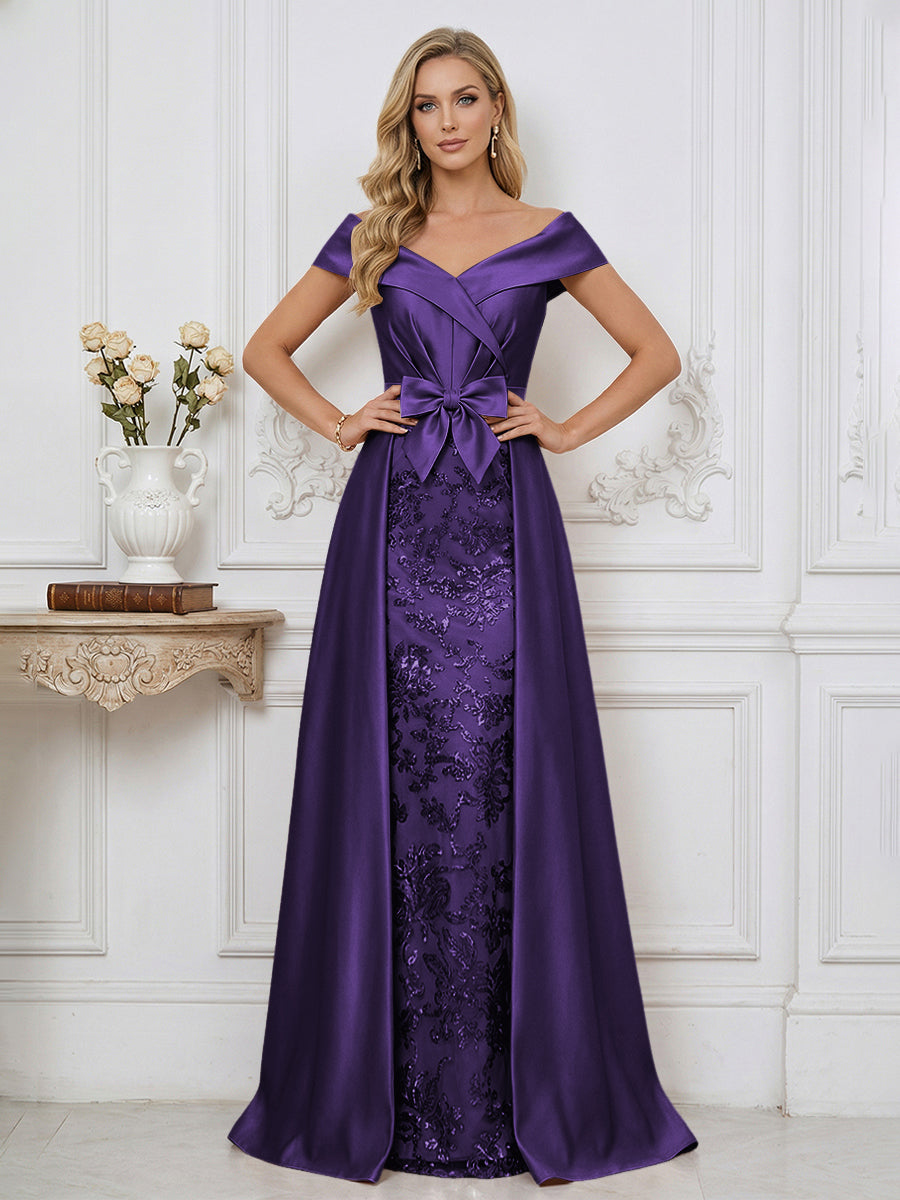 A Line Off Shoulder Ruched Elegant Mother of the Bride Dresses with Bow Appliques