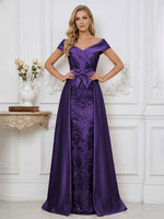 A Line Off Shoulder Ruched Elegant Mother of the Bride Dresses with Bow Appliques
