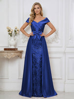 A Line Off Shoulder Ruched Elegant Mother of the Bride Dresses with Bow Appliques