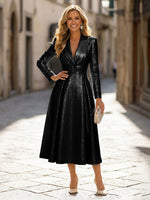A-Line Glitter Satin Tea-Length Long Sleeves Mother of the Bride with Notched Lapel Neck