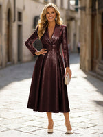 A-Line Glitter Satin Tea-Length Long Sleeves Mother of the Bride with Notched Lapel Neck