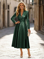 A-Line Glitter Satin Tea-Length Long Sleeves Mother of the Bride with Notched Lapel Neck