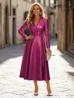 A-Line Glitter Satin Tea-Length Long Sleeves Mother of the Bride with Notched Lapel Neck
