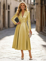 A-Line Glitter Satin Tea-Length Long Sleeves Mother of the Bride with Notched Lapel Neck