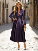 A-Line Glitter Satin Tea-Length Long Sleeves Mother of the Bride with Notched Lapel Neck