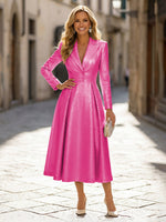 A-Line Glitter Satin Tea-Length Long Sleeves Mother of the Bride with Notched Lapel Neck