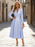 A-Line Glitter Satin Tea-Length Long Sleeves Mother of the Bride with Notched Lapel Neck