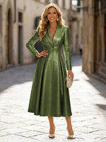 A-Line Glitter Satin Tea-Length Long Sleeves Mother of the Bride with Notched Lapel Neck