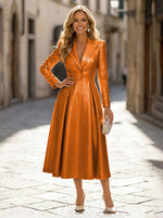 A-Line Glitter Satin Tea-Length Long Sleeves Mother of the Bride with Notched Lapel Neck
