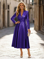 A-Line Glitter Satin Tea-Length Long Sleeves Mother of the Bride with Notched Lapel Neck