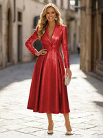A-Line Glitter Satin Tea-Length Long Sleeves Mother of the Bride with Notched Lapel Neck