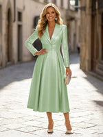 A-Line Glitter Satin Tea-Length Long Sleeves Mother of the Bride with Notched Lapel Neck