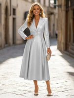 A-Line Glitter Satin Tea-Length Long Sleeves Mother of the Bride with Notched Lapel Neck