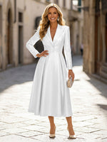 A-Line Glitter Satin Tea-Length Long Sleeves Mother of the Bride with Notched Lapel Neck