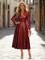 A-Line Glitter Satin Tea-Length Long Sleeves Mother of the Bride with Notched Lapel Neck