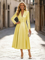 A-Line Glitter Satin Tea-Length Long Sleeves Mother of the Bride with Notched Lapel Neck
