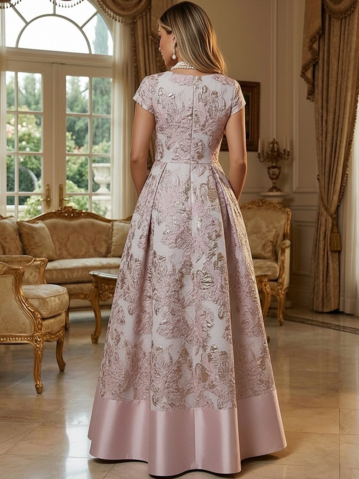 A-Line Floral Jacquard Floor-Length Mother of the Bride with V-Neck, Cap Sleeves