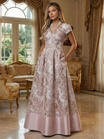 A-Line Floral Jacquard Floor-Length Mother of the Bride with V-Neck, Cap Sleeves