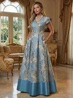 A-Line Floral Jacquard Floor-Length Mother of the Bride with V-Neck, Cap Sleeves