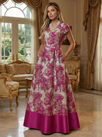 A-Line Floral Jacquard Floor-Length Mother of the Bride with V-Neck, Cap Sleeves
