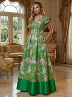 A-Line Floral Jacquard Floor-Length Mother of the Bride with V-Neck, Cap Sleeves