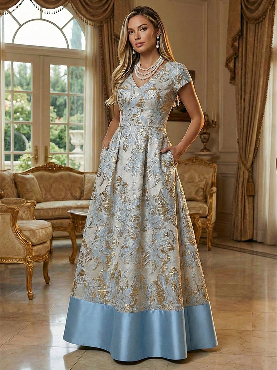 A-Line Floral Jacquard Floor-Length Mother of the Bride with V-Neck, Cap Sleeves