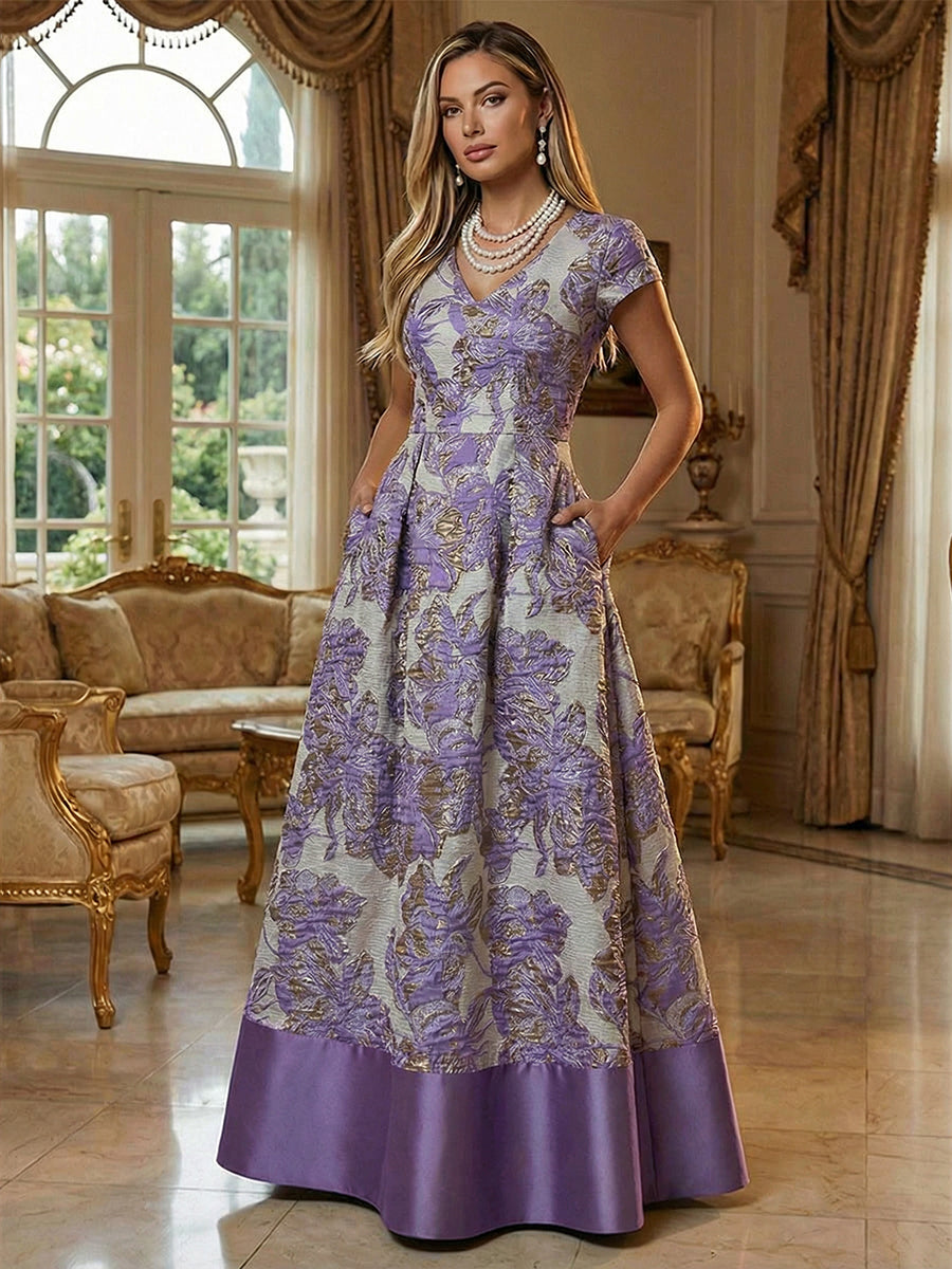A-Line Floral Jacquard Floor-Length Mother of the Bride with V-Neck, Cap Sleeves
