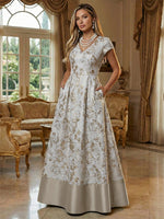 A-Line Floral Jacquard Floor-Length Mother of the Bride with V-Neck, Cap Sleeves