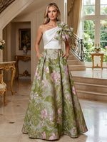 A-Line Floral Jacquard One Shoulder Mother of the Bride Floor-Length Evening Gowns with Bow