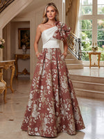 A-Line Floral Jacquard One Shoulder Mother of the Bride Floor-Length Evening Gowns with Bow