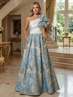 A-Line Floral Jacquard One Shoulder Mother of the Bride Floor-Length Evening Gowns with Bow