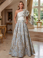 A-Line Floral Jacquard One Shoulder Mother of the Bride Floor-Length Evening Gowns with Bow